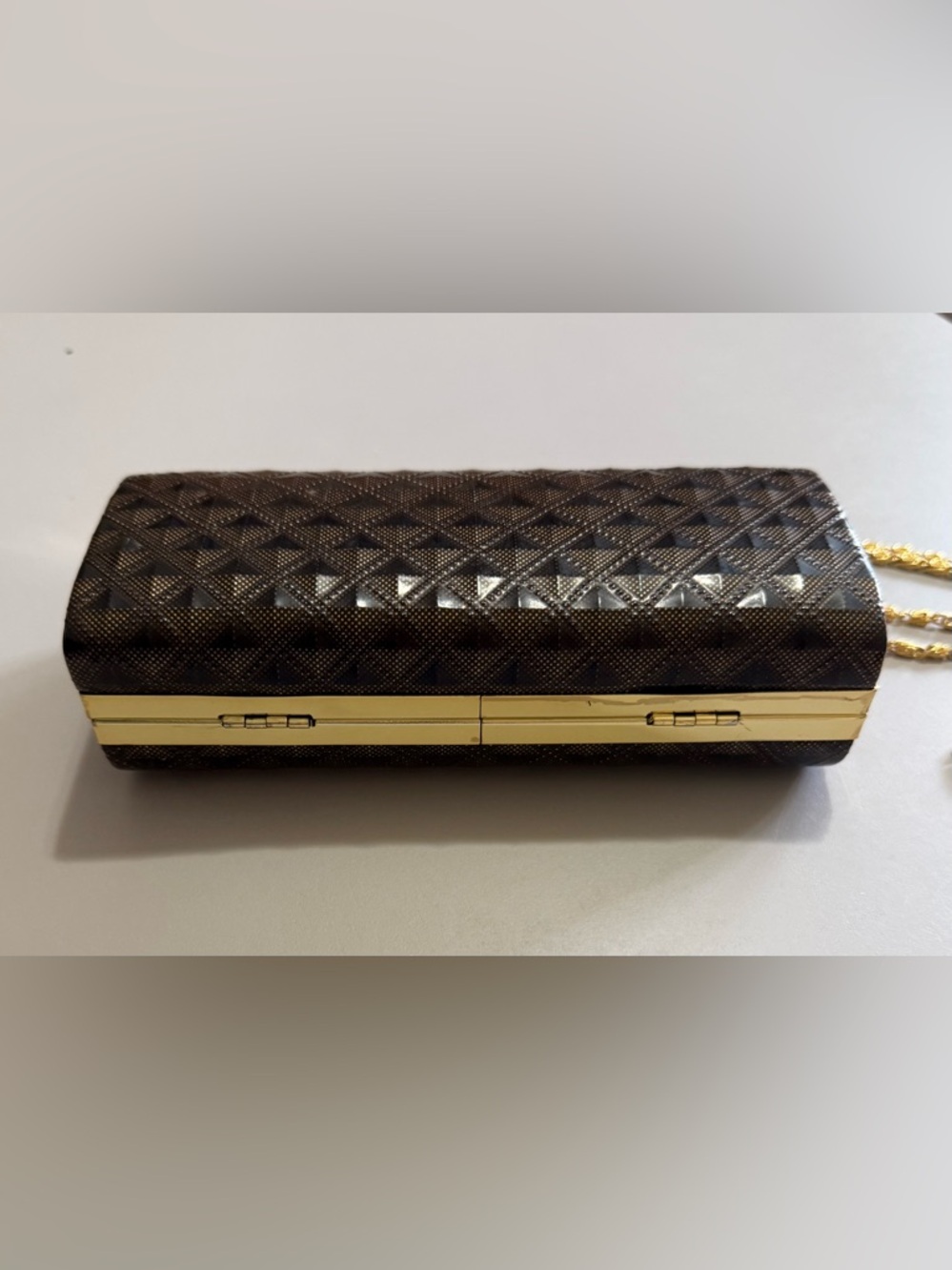 Elegant Brown Textured Evening Clutch with Gold Chain - Picture 5 of 9
